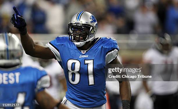 Detroit Lions wide receiver Calvin Johnson celebrates a touchdown against the Chicago Bears in Detroit, Michigan, on Sunday, December 5, 2010. The...