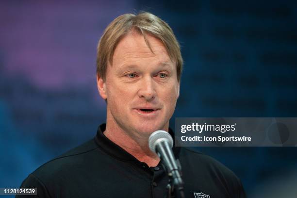 Oakland Raiders head coach Jon Gruden answers questions from the media during the NFL Scouting Combine on February 28, 2019 at the Indiana Convention...