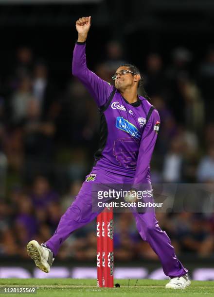 Clive Rose of the Hurricanes bowls during the Hurricanes v Renegades Big Bash League Match at Blundstone Arena on February 07, 2019 in Hobart,...