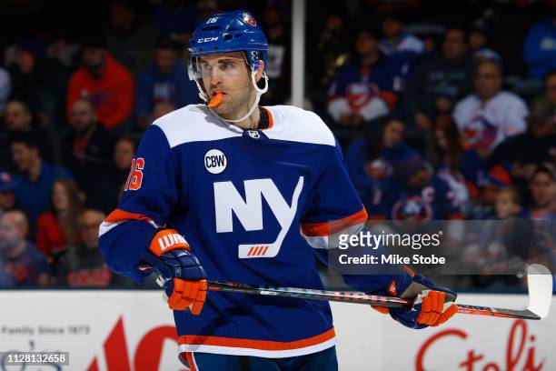 Andrew Ladd of the New York Islanders skates against the Calgary Flames at NYCB Live's Nassau Coliseum on February 26, 2019 in Uniondale, New York....