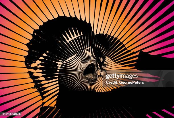 ilustrações de stock, clip art, desenhos animados e ícones de retro vector of a young woman and virtual reality simulator - jovens estudando