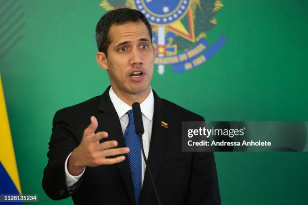 Venezuelan opposition leader and self-declared iterim president Juan Guaido speaks during a press conference at Palace Itamaraty on February 28, 2019...