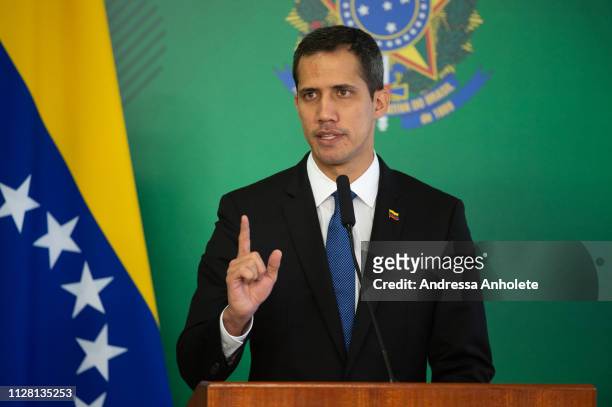 Venezuelan opposition leader and self-declared iterim president Juan Guaido speaks during a press conference at Palace Itamaraty on February 28, 2019...