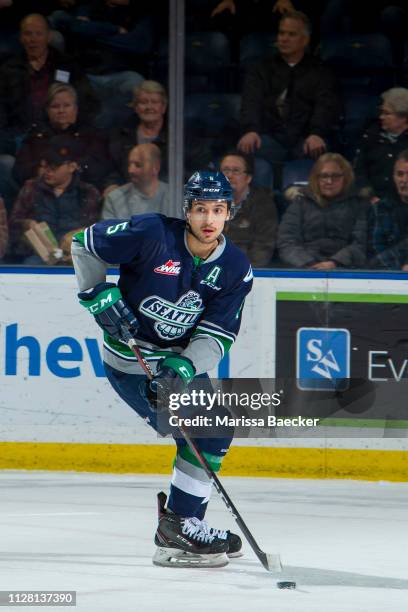Jarret Tyszka of the Seattle Thunderbirds skates with the puck against the Kelowna Rockets at Prospera Place on January 30, 2019 in Kelowna, Canada.