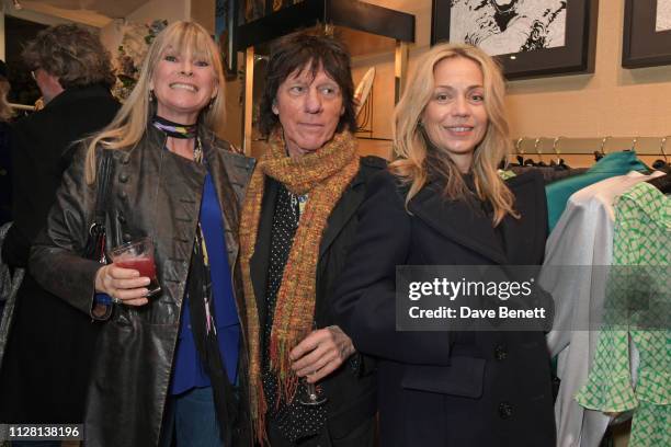 Deborah Leng, Jeff Beck and Jeanne Marine attend the Bell Hutley Homeware Collection launch at Baar & Bass on February 28, 2019 in London, England.