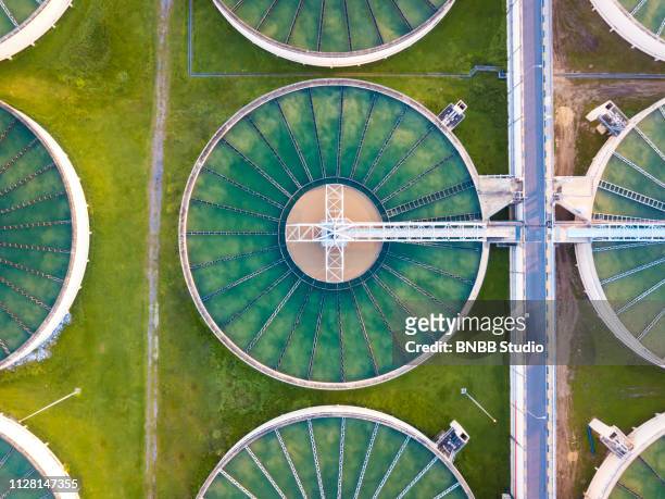 aerial view of water treatment plant - sewage stock pictures, royalty-free photos & images
