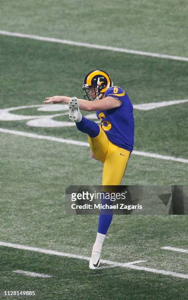 Johnny Hekker of the Los Angeles Rams punts against the New England Patriots during Super Bowl LIII at Mercedes-Benz Stadium on February 03, 2019 in...