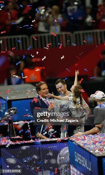 Tom Brady of the New England Patriots celebrates with his kids following Super Bowl LIII against the the Los Angeles Rams at Mercedes-Benz Stadium on...