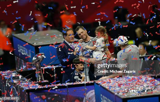 Tom Brady of the New England Patriots celebrates with his kids following Super Bowl LIII against the the Los Angeles Rams at Mercedes-Benz Stadium on...