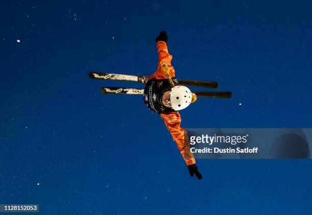 Aliaksandra Ramanouskaya of Belarus during a training jump before the Mixed Team Aerials during the FIS Freestyle Ski World Championships on February...