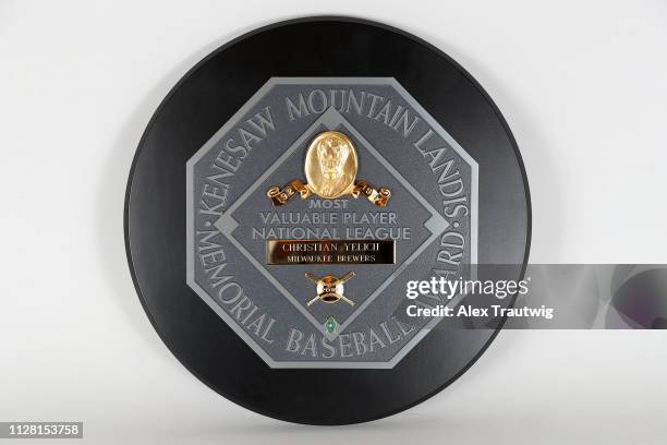 Detail shot of the 2018 NL MVP award won by Christian Yelich of the Milwaukee Brewers on January 17, 2019 at the Major League Baseball Office of the...