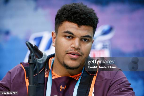 Offensive lineman Andre Dillard of Washington State speaks to the media during day one of interviews at the NFL Combine at Lucas Oil Stadium on...