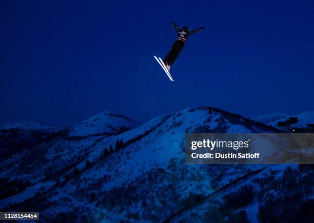Jonathon Lillis of the United States during a training jump before the Mixed Team Aerials during the FIS Freestyle Ski World Championships on...