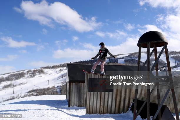 Chloe Kim of the United States takes a run during the Men's and Ladies' Snowboard Slopestyle Training at the FIS Freestyle Ski World Championships on...