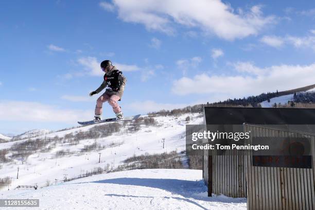 Chloe Kim of the United States takes a run during the Men's and Ladies' Snowboard Slopestyle Training at the FIS Freestyle Ski World Championships on...