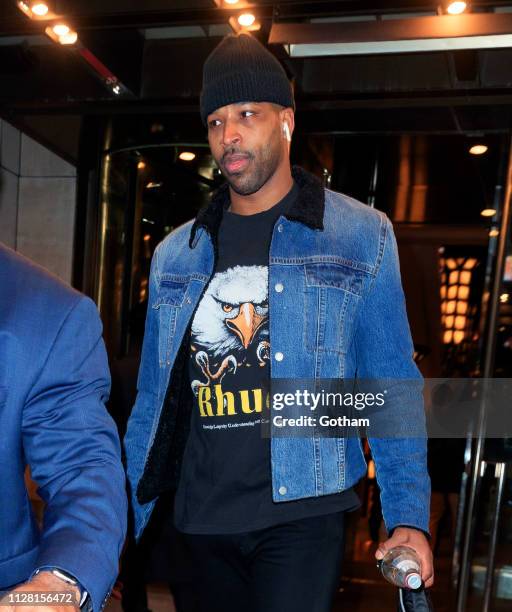 Tristan Thomspon heads of his hotel on February 28, 2019 in New York City.