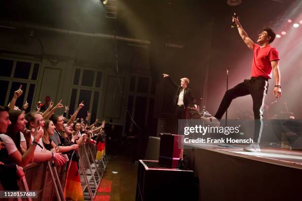 Singer Jack Johnson and Jack Gilinsky of the American band Jack & Jack perform live on stage during a concert at the Huxleys on February 28, 2019 in...