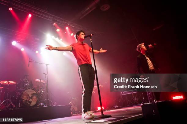 Singer Jack Gilinsky and Jack Johnson of the American band Jack & Jack perform live on stage during a concert at the Huxleys on February 28, 2019 in...