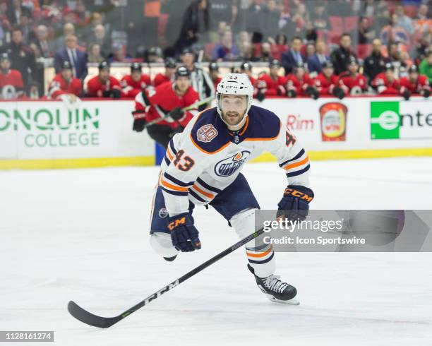 Edmonton Oilers Right Wing Josh Currie skates during the first period of the NHL game between the Ottawa Senators and the Edmonton Oilers on Feb. 28,...