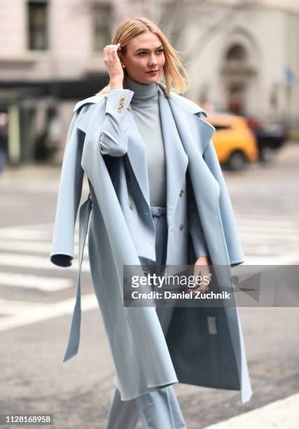 Karlie Kloss is seen wearing a baby blue Ralph Lauren outfit outside the Ralph Lauren show during New York Fashion Week: Women's Fall/Winter 2019 on...