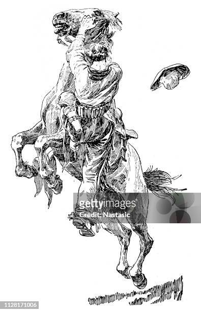 taming of a wild horse - bucking bronco stock illustrations