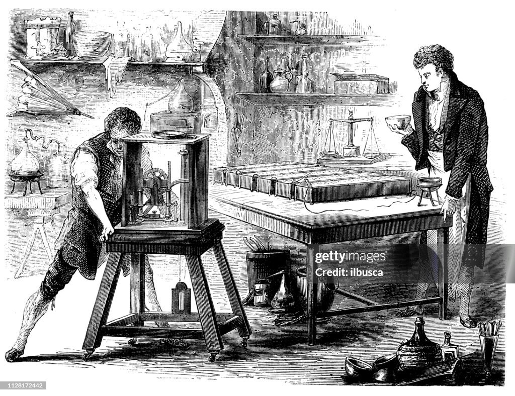Antique illustration of scientific discoveries, electricity and magnetism: Davy experiment