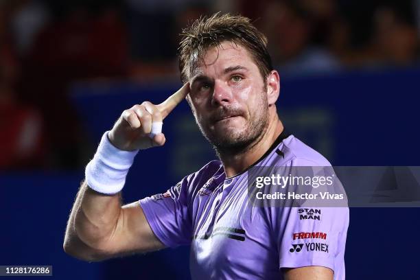 Stan Wawrinka of Switzerland celebrates during the quarterfinals match against Nick Kyrgios of Australia as part of the day 4 of the Telcel Mexican...