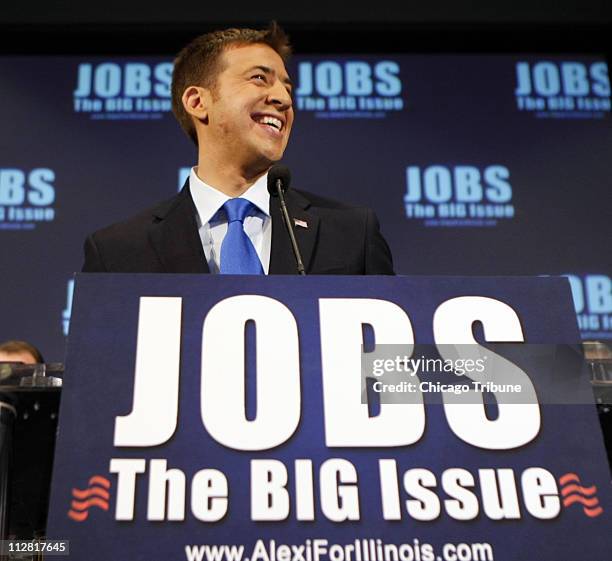 Illinois State Treasurer Alexi Giannoulias addresses supporters after winning the Democratic primary for Illinois's U.S. Senate seat on Tuesday,...