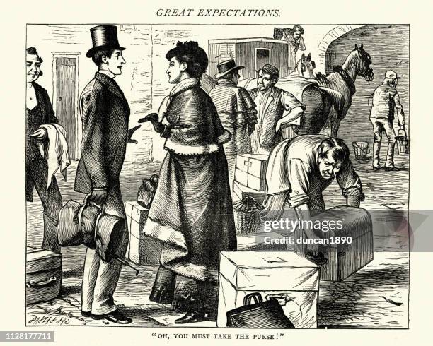 dickens, great expectations, oh, you must take the purse! - charles dickens stock illustrations