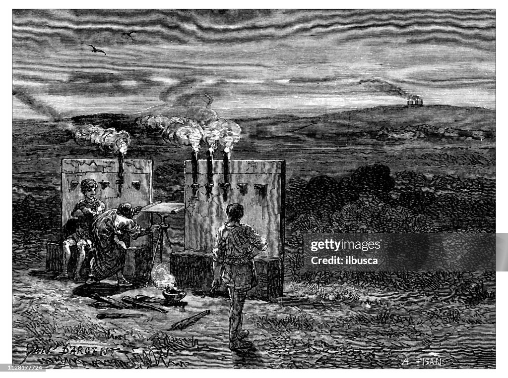 Antique illustration of scientific discoveries: global communication and telegraph: Smoke signal