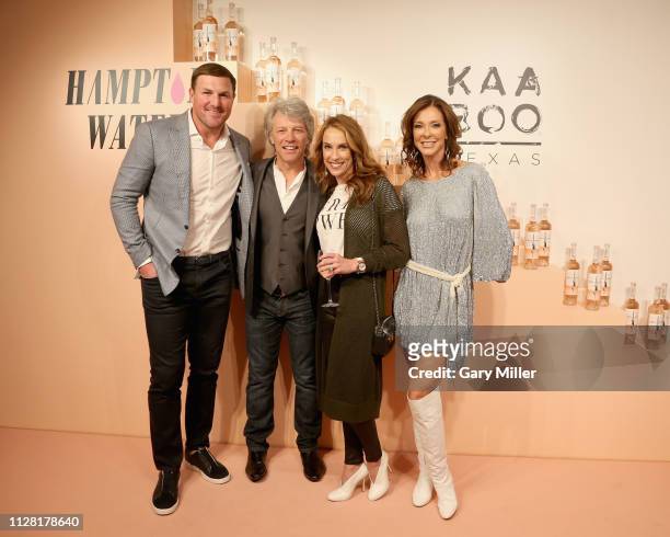 Jason Witten, Jon Bon Jovi, Michelle Witten and Charlotte Jones Anderson attend the KAABOO Texas Welcomes Hampton Water Tasting at The Joule Hotel on...