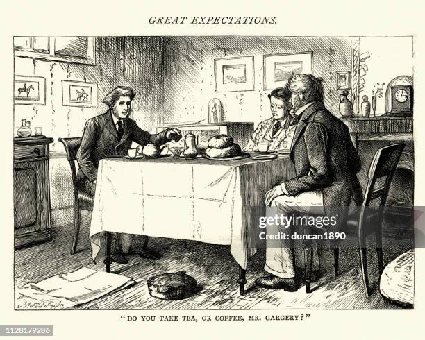dickens, great expectations, do you take tea, or coffee - beverage distribution stock illustrations