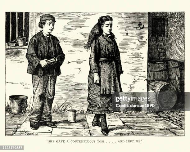 stockillustraties, clipart, cartoons en iconen met dickens, great expectations, young pip en estella, een neerbuigende toss - ignoring