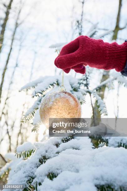 hand in red gloves holding a golden christmas ball against snow - red glove stockfoto's en -beelden