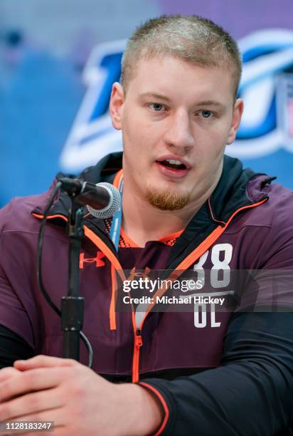 Kaleb McGary #OL38 of the Washington Huskies is seen at the 2019 NFL Combine at Lucas Oil Stadium on February 28, 2019 in Indianapolis, Indiana.