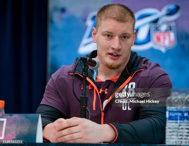 Kaleb McGary #OL38 of the Washington Huskies is seen at the 2019 NFL Combine at Lucas Oil Stadium on February 28, 2019 in Indianapolis, Indiana.