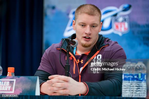 Kaleb McGary #OL38 of the Washington Huskies is seen at the 2019 NFL Combine at Lucas Oil Stadium on February 28, 2019 in Indianapolis, Indiana.