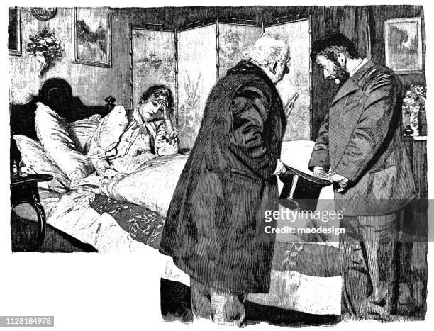 stockillustraties, clipart, cartoons en iconen met bezoek van de arts om een zieke vrouw - 1896 - arts culture and entertainment