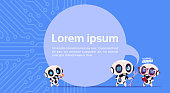 Group Of Modern Robots Chatter Bot Or Chatbot On Blue Circuit Background With Copy Space
