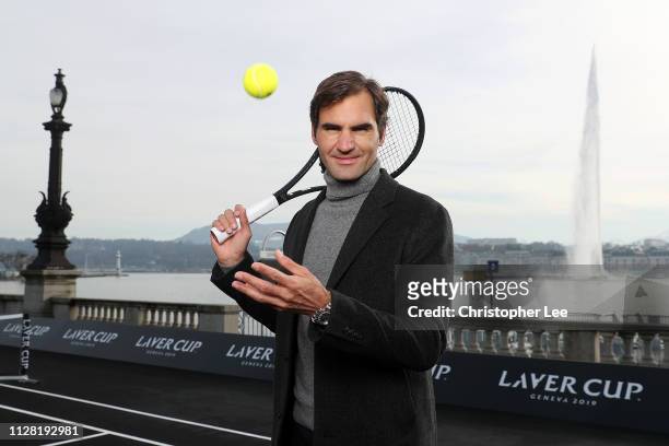 Roger Federer of Switzerland poses for a photo on the black court at La Rotonde ahead of The Laver Cup Press Conference on February 08, 2019 in...