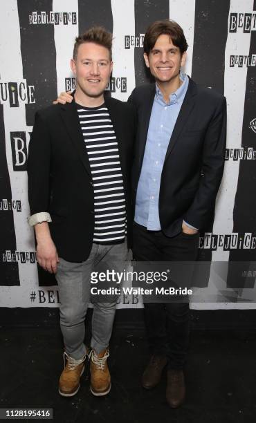 Eddie Perfect and Alex Timbers attend Broadway's 'Beetlejuice' - First Look Photocall at Subculture on February 28, 2019 in New York City.