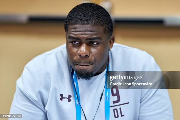 Mississippi State offensive lineman Shaq Calhoun answers questions from the media during the NFL Scouting Combine on February 28, 2019 at the Indiana...