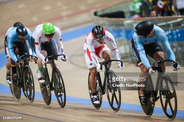 Tomoyuki Kawabata , Joachim Eilers compete in the Men's Keirin first round on day two of the UCI Track Cycling World Championships held in the BGZ...