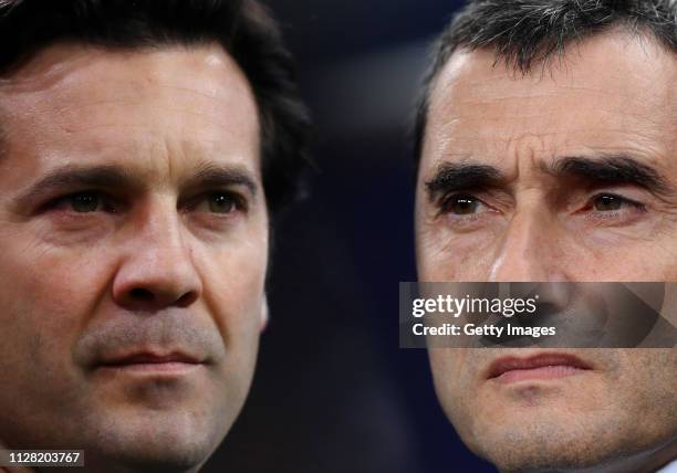 In this composite image a comparison has been made between Santiago Solari, Manager of Real Madrid and Ernesto Valverde, Manager of Barcelona. Real...