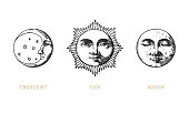 Set of Sun, Moon and crescent, hand drawn in engraving style. Vector graphic retro illustrations.