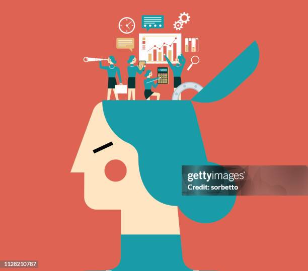 ilustraciones, imágenes clip art, dibujos animados e iconos de stock de brainstorming - empresaria - forecast stock illustrations