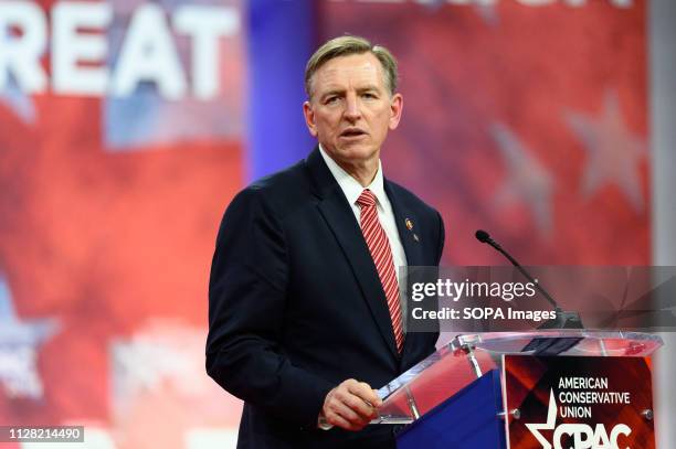 Representative Paul Gosar seen speaking during the American Conservative Union's Conservative Political Action Conference at the Gaylord National...