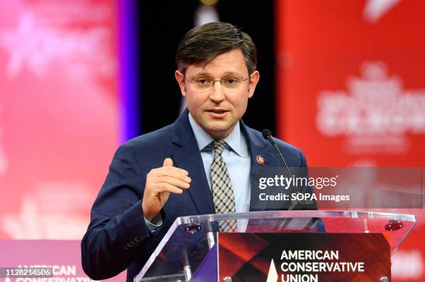 Representative Mike Johnson seen speaking during the American Conservative Union's Conservative Political Action Conference at the Gaylord National...