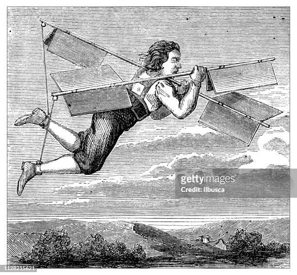 antique illustration of scientific discoveries, aerostat, hot air balloon and blimp concept design - icarus stock illustrations