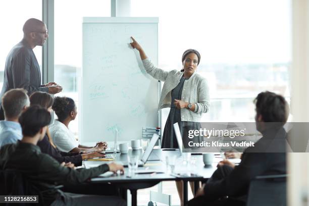 businesswoman doing presentation in big boardroom - men and women in a large group listening stock-fotos und bilder